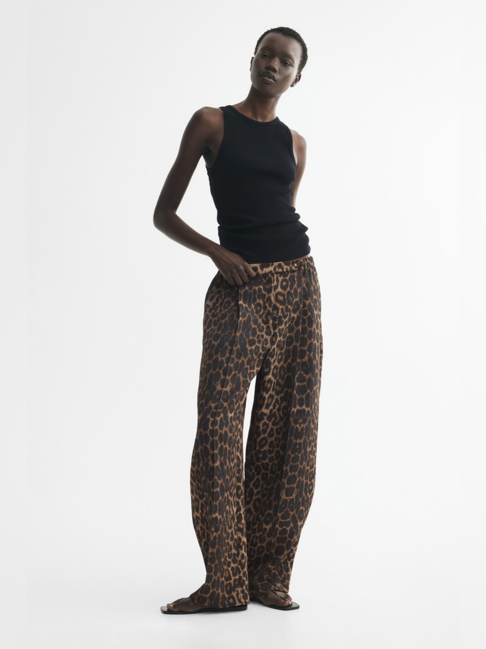 H&M Leopard Print Wide Leg Pleated Pants Brown Black Size 10